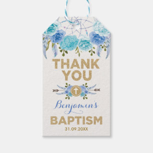Étiquettes-cadeau Blue Gold Floral Dreamcatcher Baptême Christening