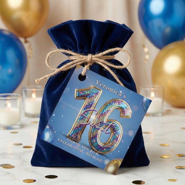 Étiquettes Cadeau Blue Gold Glitter Sweet 16 Birthday Thank You (Créateur téléchargé)