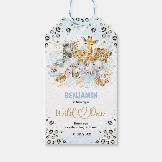 Étiquettes-cadeau Blue Gold Jungle Animaux Wild One Garçon 1er anniv (Devant)