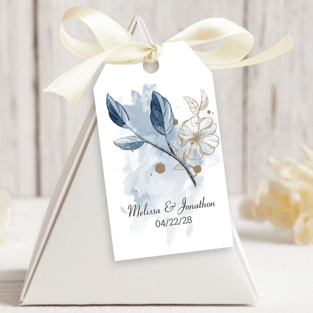 Étiquettes-cadeau Blue Gold Moderne Floral Mariage élégant (Créateur téléchargé)