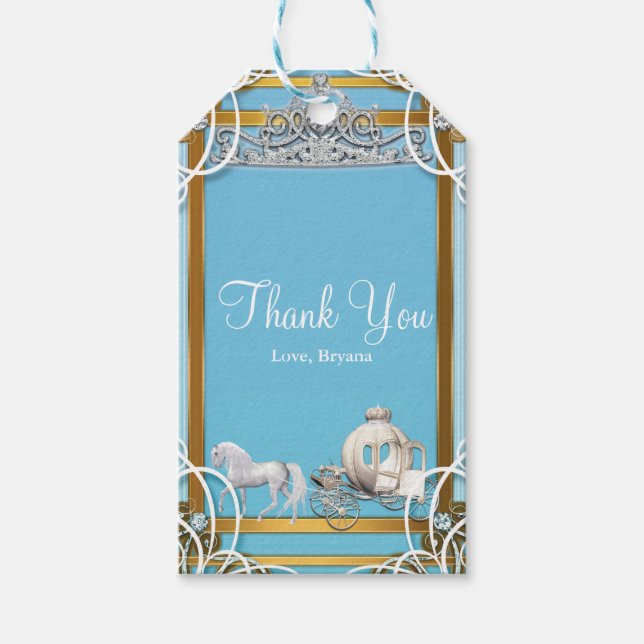 Étiquettes-cadeau Blue Gold Princess Crown & Carriage Sweet 16 Party (Devant)