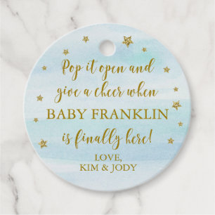 Étiquettes Cadeau Blue & Gold Stars Pop It Open Baby shower