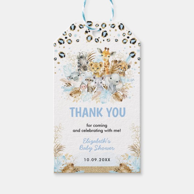 Étiquettes-cadeau Blue Gold Tropical Safari Animaux Baby showers gar (Devant)