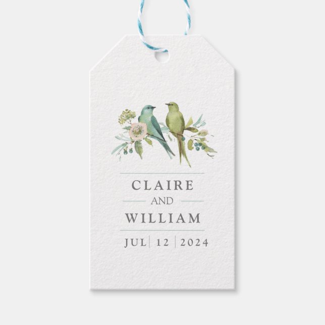 Étiquettes-cadeau Blue Green Birds Botanical Watercolor Mariage (Devant)