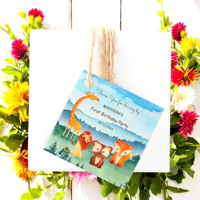 Étiquettes Cadeau Blue Green Woodland Animaux Anniversaire Favoriser (Créateur téléchargé)