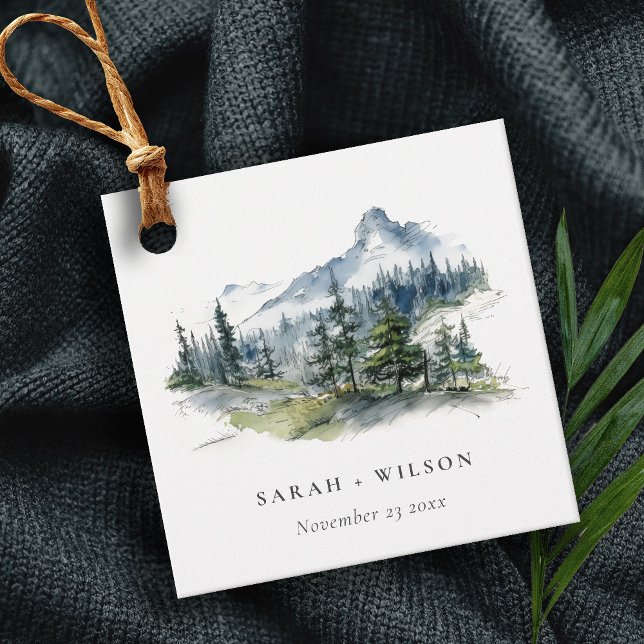 Étiquettes Cadeau Blue Green Woods Mountain Paysage Mariage de croqu (Créateur téléchargé)