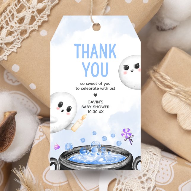 Étiquettes-cadeau Blue Halloween C'est un garçon Baby shower Favor T (Oh Sheet It's a Boo-y Halloween Baby Shower Favor Tags)