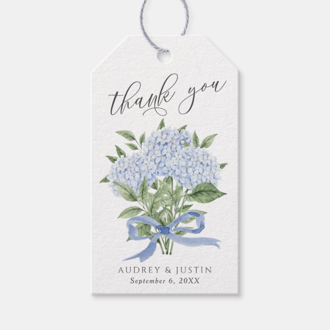 Étiquettes-cadeau Blue Hydrangea Bouquet Blue Ribbon Mariage (Devant)