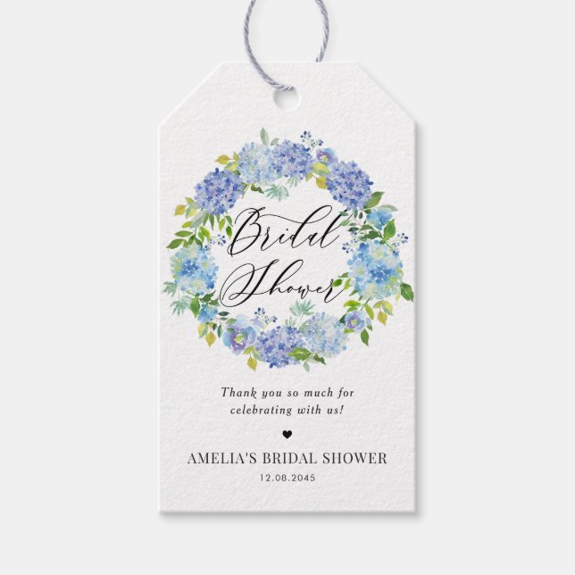 Étiquettes-cadeau Blue Hydrangea Floral Wreath Fête des mariées (Devant)