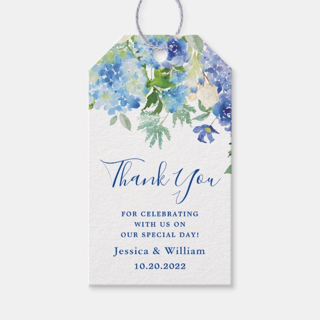 Étiquettes-cadeau Blue Hydrangea Verdure Mariage Favoriser Merci (Devant)