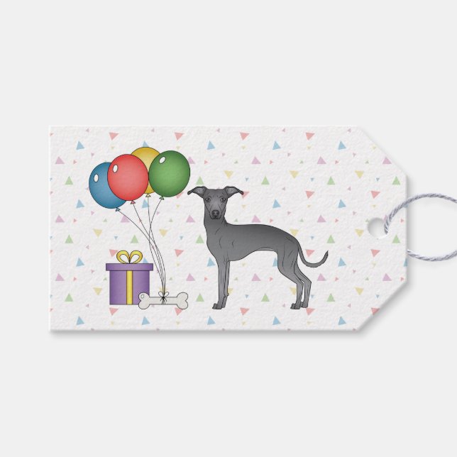 Étiquettes-cadeau Blue Italian Greyhound Cartoon Chien Joyeux annive (Devant (Horizontal))