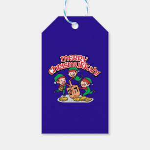 Étiquettes-cadeau Blue Merry Chrismukkah avec Elves et Dreidels