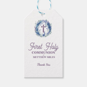 Étiquettes-cadeau Blue Minimaliste florale première communion cathol