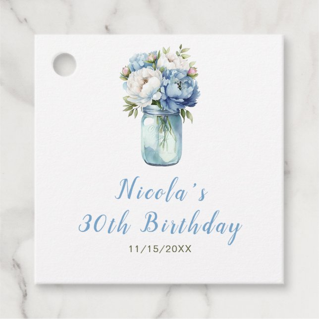 Étiquettes Cadeau Blue Peonies Mason Jar Anniversaire (Devant)