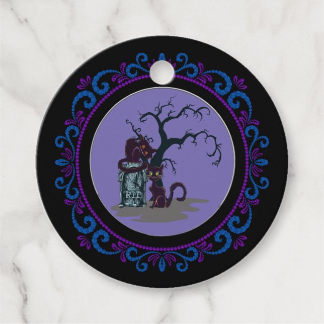 Étiquettes Cadeau Blue Purple Chats noirs Tombstone Tree Halloween (Devant)