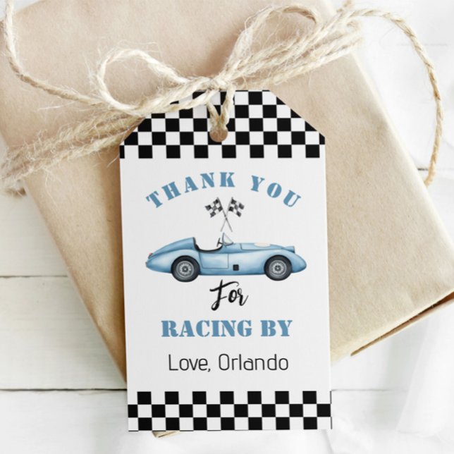 Étiquettes-cadeau Blue race car Boy course anniversaire merci (Créateur téléchargé)
