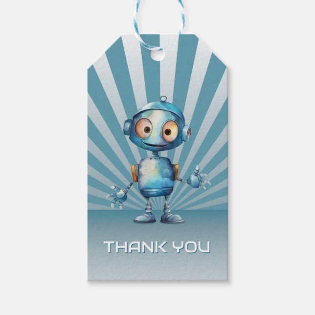 Étiquettes-cadeau Blue Robot thème Anniversaire Merci (Devant)