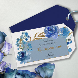Étiquettes-cadeau Blue Rose and Gold Leaf Quinceanera Thank You
