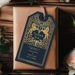Étiquettes-cadeau Blue Royal Lion Mariage médiéval épée Merci