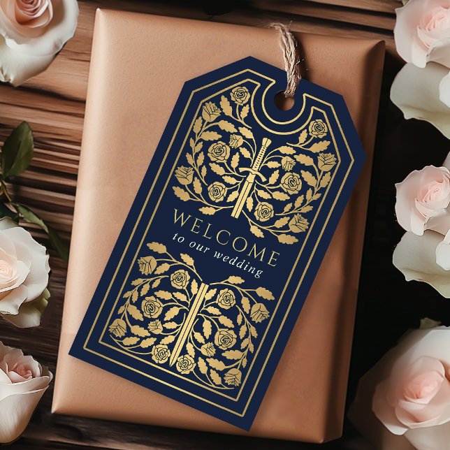 Étiquettes-cadeau Blue Royal Medieval Gold Sword Wedding Welcome (Créateur téléchargé)