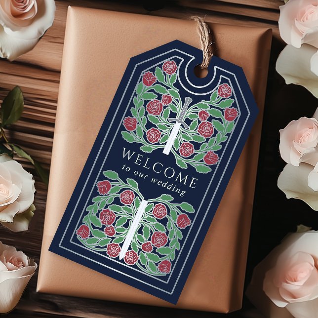 Étiquettes-cadeau Blue Royal Medieval Silver Sword Wedding Welcome (Créateur téléchargé)