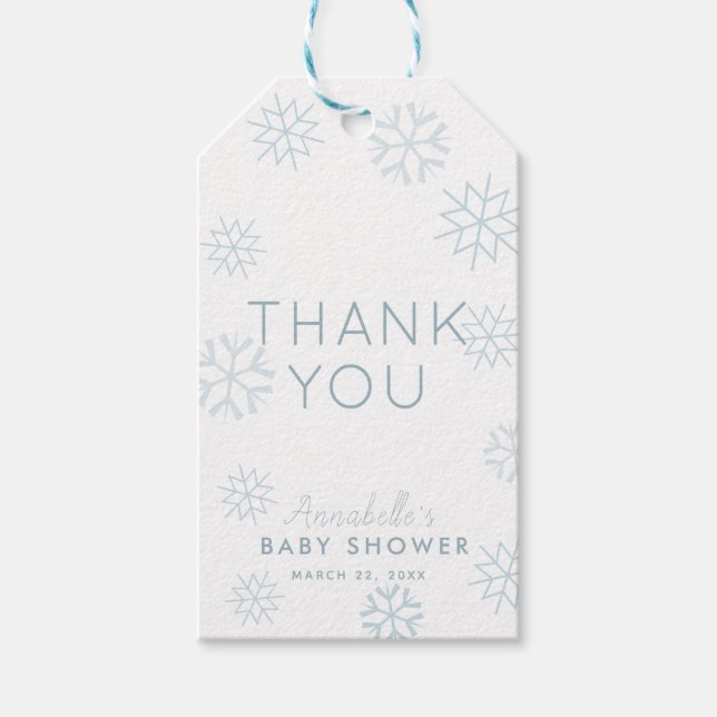 Étiquettes-cadeau Blue Snowflakes Baby Son froid dehors Merci (Devant)