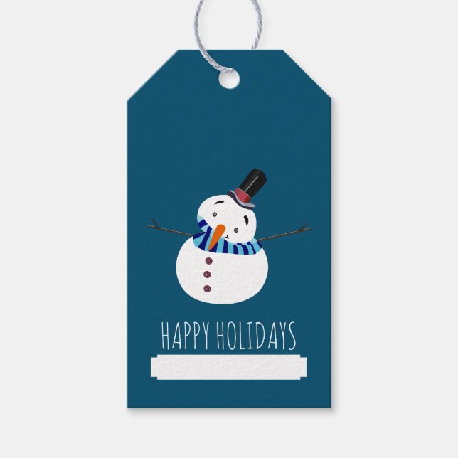 Étiquettes-cadeau Blue Snowman, Joyeuses Fêtes (Devant)