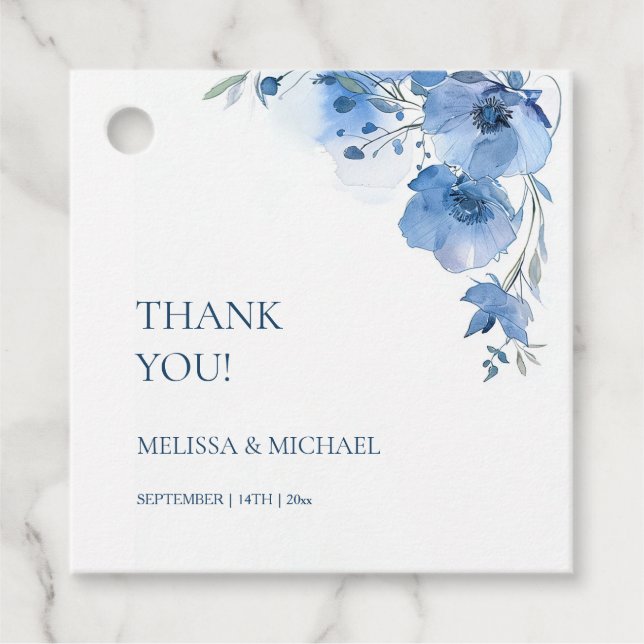 Étiquettes Cadeau Blue Watercolor Flowers Wedding Thank You (Devant)