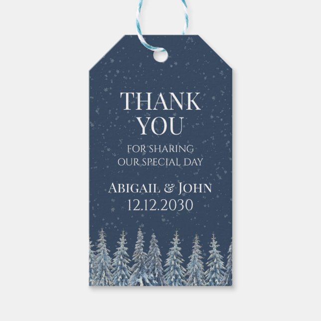 Étiquettes-cadeau Blue Winter Snowy Forest Wedding Thank You (Devant)