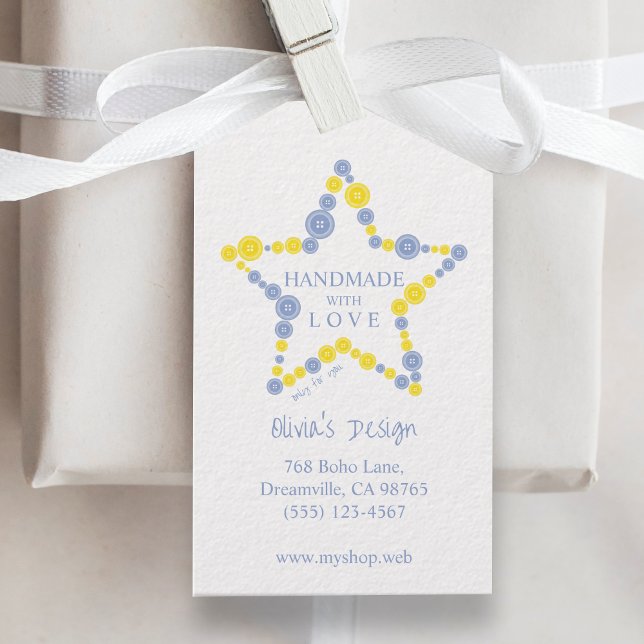 Étiquettes-cadeau Blue & Yellow Original Buttons Star Handmade Love (Blue & Yellow Original Buttons Star Handmade with Love Quote Star Gift Tags for Handymarkers.)
