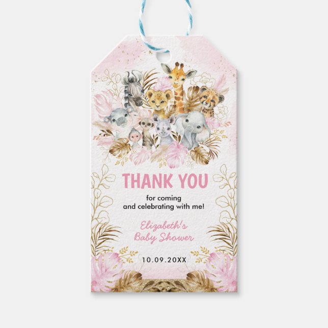 Étiquettes-cadeau Blush Boho Safari Animaux Baby shower Merci (Devant)