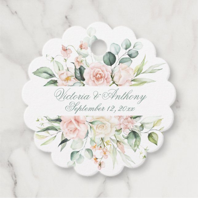 Étiquettes Cadeau Blush Floral Élégant Nom de script Mariage à bascu (Devant)