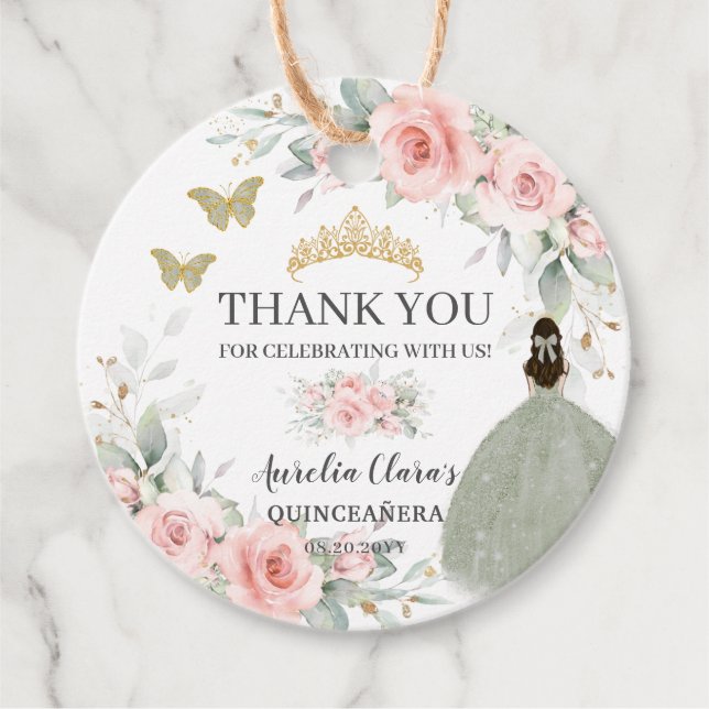 Étiquettes Cadeau Blush Floral Sage Vert Or Quinceanera Sweet 16 (Devant)