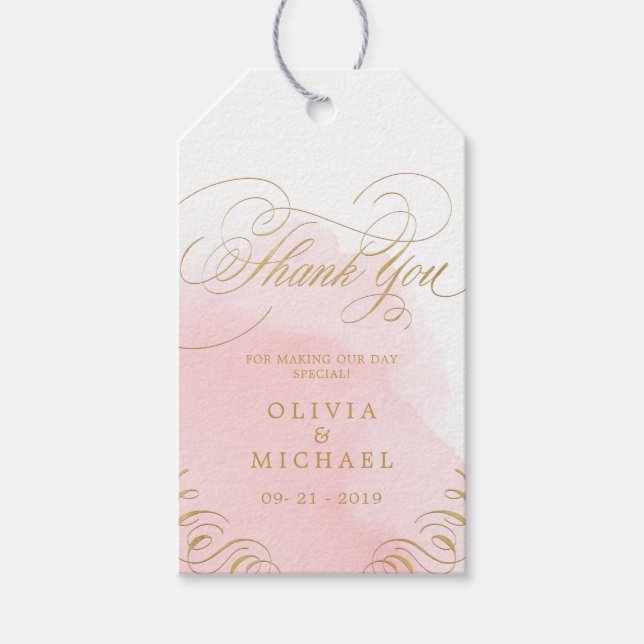 Étiquettes-cadeau Blush or élégant calligraphie mariage merci (Devant)