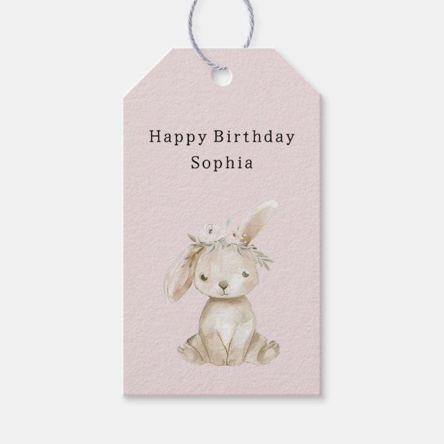Étiquettes-cadeau Blush Pink Flowers Bunny Birthday (Devant)