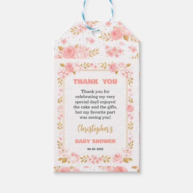 Étiquettes-cadeau Blush Pink & Gold Floral Girl Baby Shower (Devant)