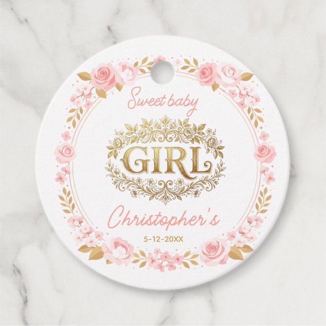 Étiquettes Cadeau Blush Pink & Gold Floral Girl Baby Shower (Devant)