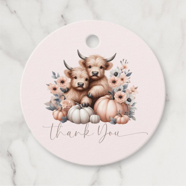 Étiquettes Cadeau Blush Pink Highland Cow Fall merci (Devant)