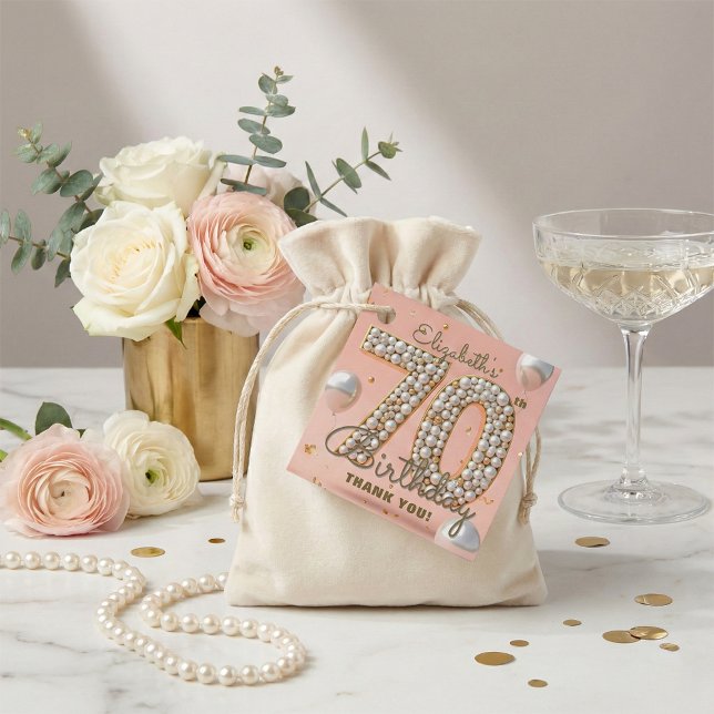 Étiquettes Cadeau Blush Pink Pearl Gold 70th Birthday Thank You (Créateur téléchargé)