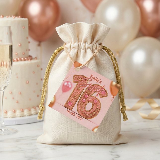 Étiquettes Cadeau Blush Pink Rose Gold Sweet 16 Birthday Thank You (Créateur téléchargé)