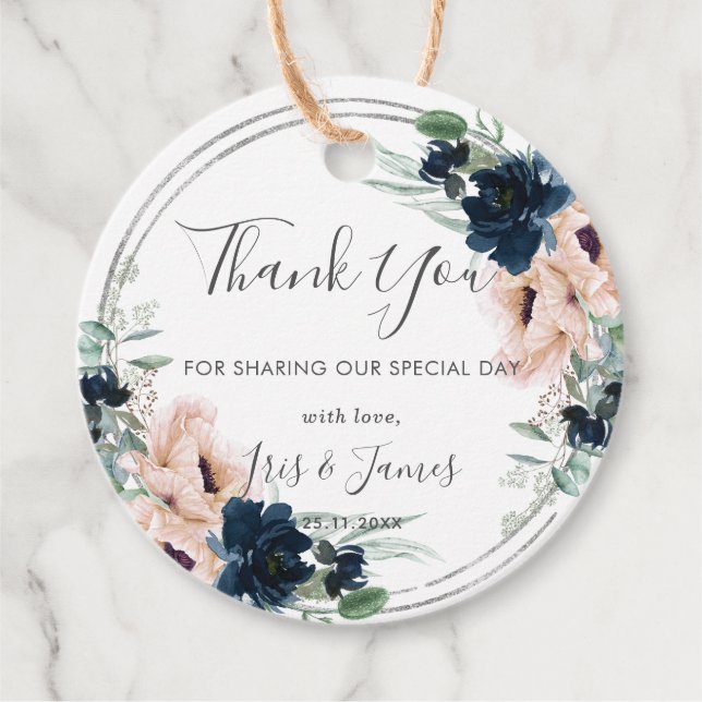 Étiquettes Cadeau Blush Rose Floral Silver Mariage Merci (Devant)