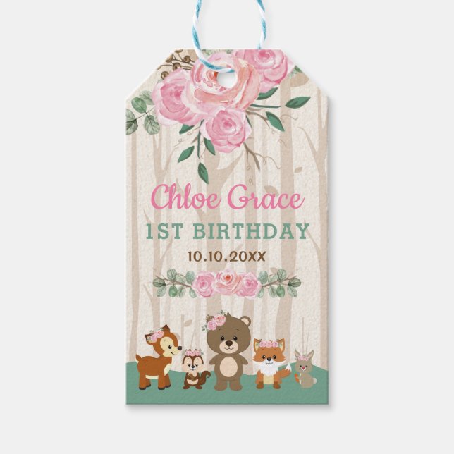 Étiquettes-cadeau Blush Rose Forêt Boisée Animaux Douche d'anniversa (Devant)