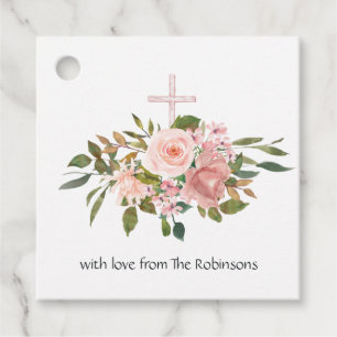 Étiquettes Cadeau Blush Rose & Rose Gold Floral First Holy Communion