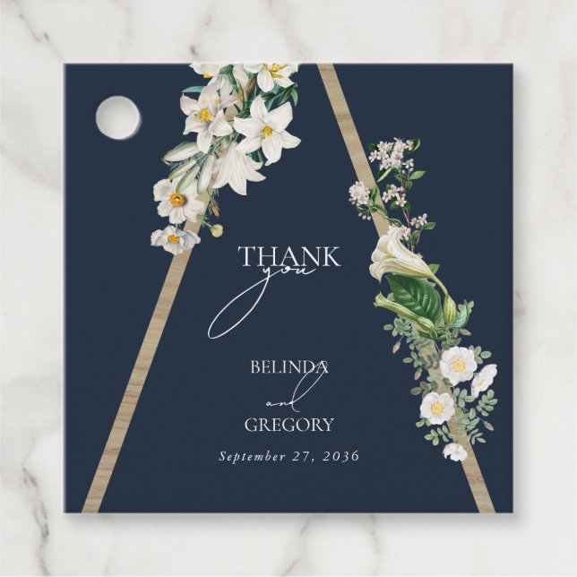 Étiquettes Cadeau Bohème Bohème Pyramide Flore Blanche Mariage Bleu (Devant)