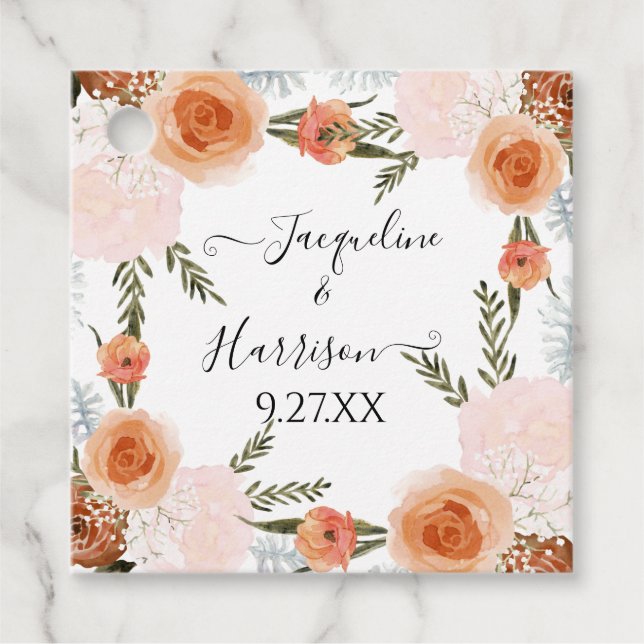 Étiquettes Cadeau BOHO Aquarelle Florale Teinte de Pêche Feuillage d (Devant)