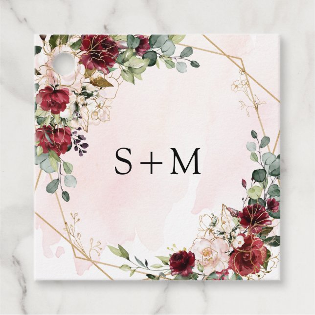 Étiquettes Cadeau Boho aquarelle rouge roses monogramme initiales (Devant)