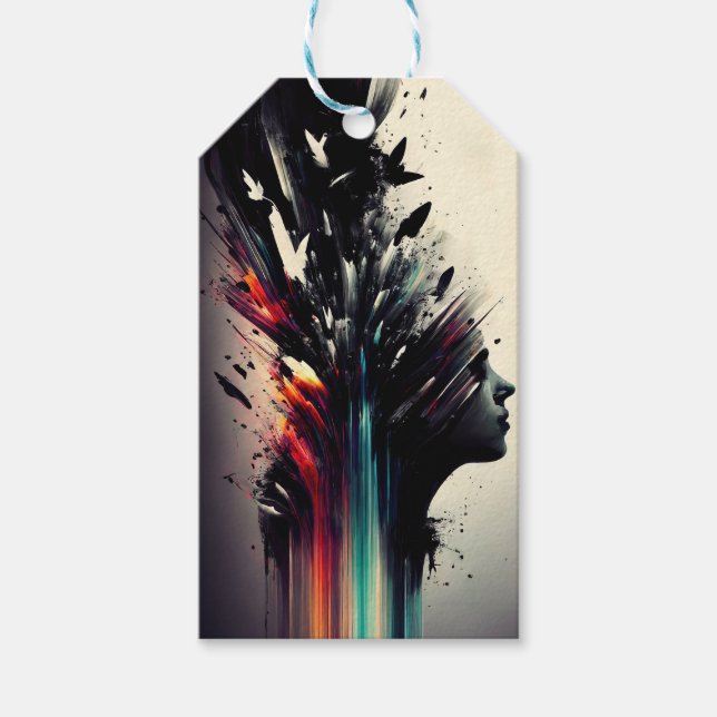 Étiquettes-cadeau Boho art abstrait avec visage de fille (Devant)