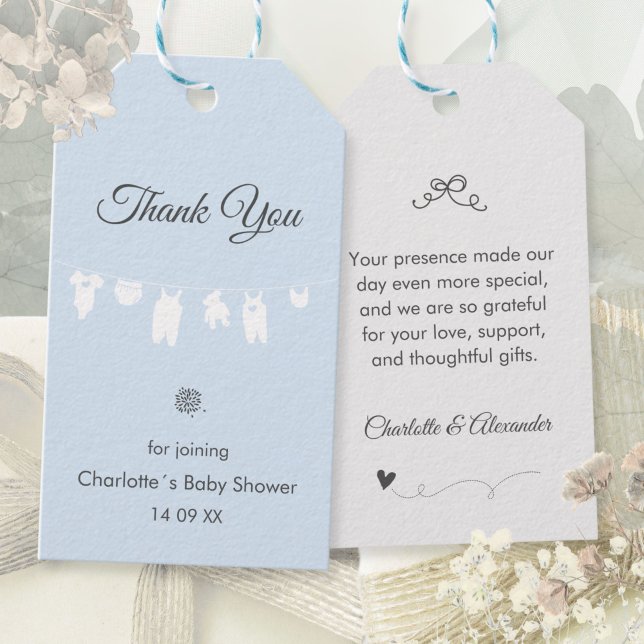 Étiquettes-cadeau Boho bleu clair élégant Merci bébé garçon douche (Light Blue Boho Elegant Thank You Baby Boy Shower Gift Tags ©Susanne Sachers - Sunny Mind 🌞)
