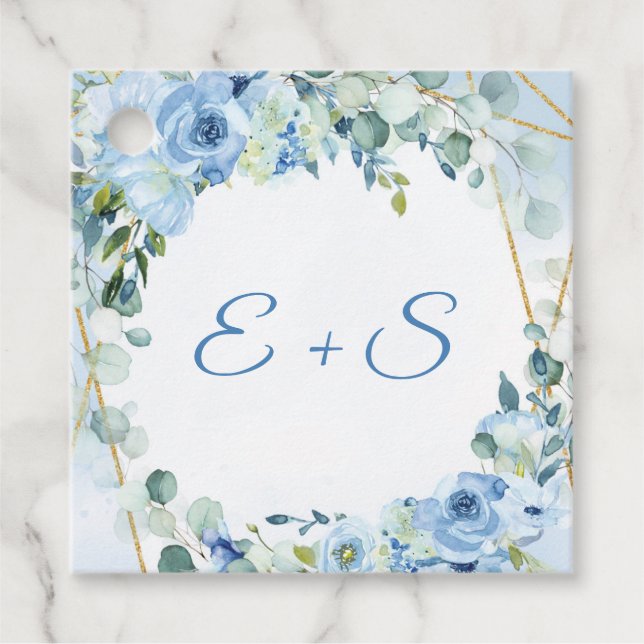 Étiquettes Cadeau Boho bleu fleuri eucalyptus & or nom initiales (Devant)