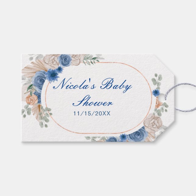 Étiquettes-cadeau Boho Blue Pampas Grass Baby shower (Devant (Horizontal))